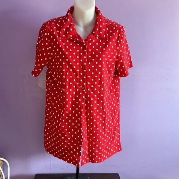 New Look Women’s Red White Polka Dot Button Down Blouse Size Small Casual Top - Picture 1 of 3
